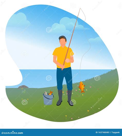 Man With Rod And Fish Fishing Hobby On Lake Stock Vector