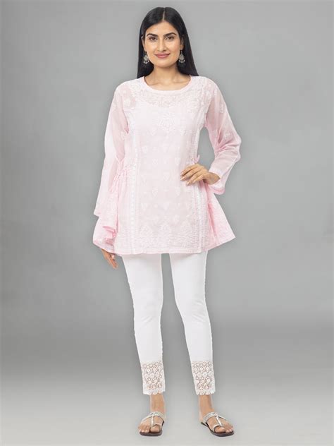 Seva Chikan Hand Embroidered Pink Cotton Lucknowi Chikankari Short Top