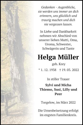 Traueranzeigen von Helga Müller Trauer Nordkurier