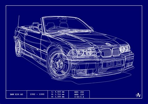 Poster Bmw E36 M3 Blueprint Vector Art Highly Detailed Etsy