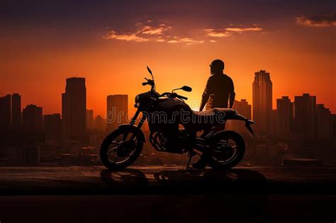 Silhouette Of Motorcyclist And His Bike Against City Skyline At Sunset