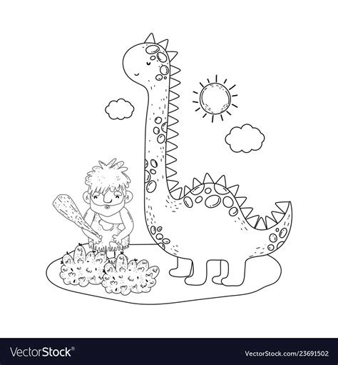 Caveman with dinosaur in the landscape Royalty Free Vector