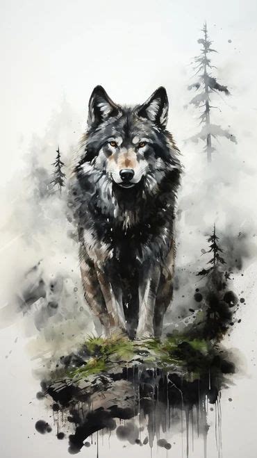 A Painting Of A Wolf Standing On Top Of A Tree Covered Hill With Trees