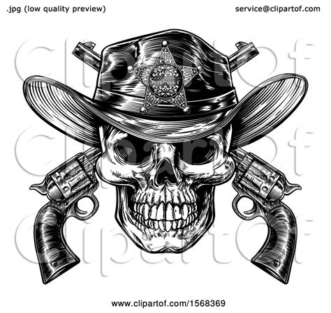 Clipart Of A Cowboy Sheriff Skull Over Crossed Guns In Black And White