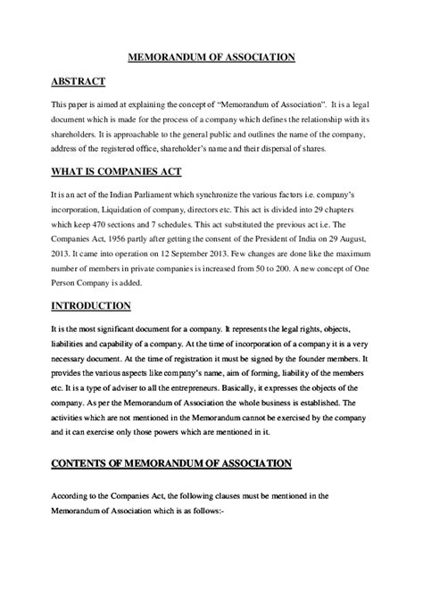 Doc Memorandum Of Association Abstract What Is Companies Act