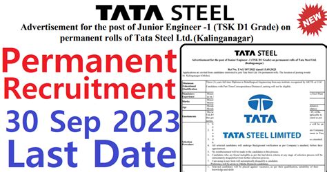 Tata Steel Junior Engineer Recruitment Permanent Basis