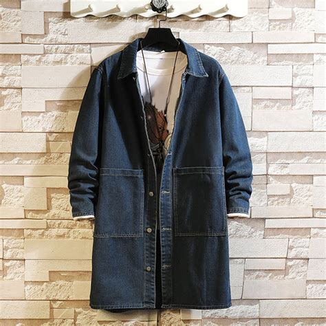 Mens Denim Jackets Mens Winter And Autumn Loose Casual Denim Trench Coat Long Coat