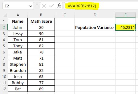 Calculate Population Variance in Excel