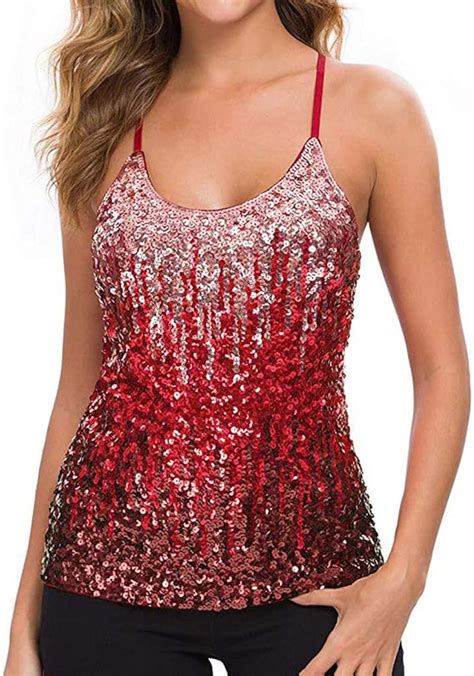 Womenss Sequin Tops Glitter Party Strappy Tank Vest Camis Summer