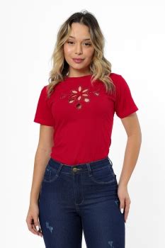 T Shirt Flor Stras Vazada Vermelho Rubi Atacado Tshirt Use Criativa