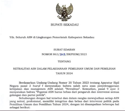 Surat Edaran Bupati Sekadau Tentang Netralitas Asn Dalam Pelaksanaan