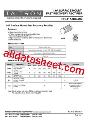 RGL41A Datasheet PDF TAITRON Components Incorporated