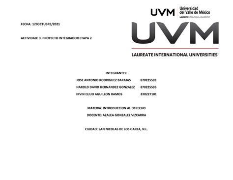 A Eq Proyecto Integrador Etapa Introducci N Al Derecho Uvm