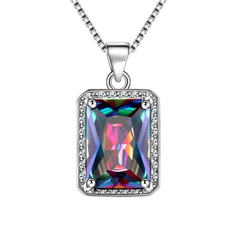 Rectangle Mystic Rainbow Fire Topaz Necklace Cz 925 Sterling Silver