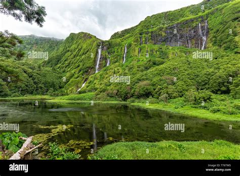 Impossibly Green Landscape At The Poco Ribeira Do Ferreiro Waterfalls