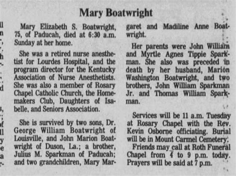 Obituary For Mary Elizabeth S Boatwright Aged 75 ™