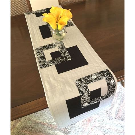 Modern Quilted Table Runner 14x59 Black White And Grey Wallhanging