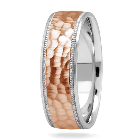 Hammered 14k White Rose Gold Wedding Band Ring