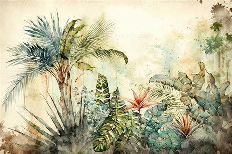 Tropical Plants And Trees Watercolor Painting For Texture Background