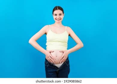 Pregnant Woman Unzipped Jeans Showing Her Stock Photo 1929085862