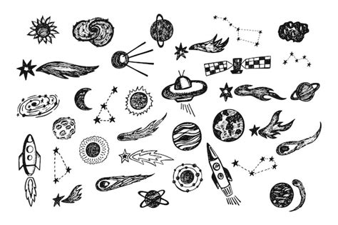 Premium Vector Set Of Hand Drawn Cosmic Elements In Sketch Style