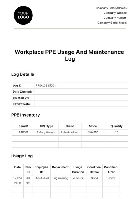 Free Workplace Ppe Usage And Maintenance Log Template Edit Online