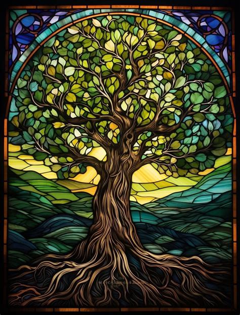 Beautiful Stained Glass Panel With Wise Mystical Tree