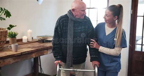 Senior Hands Or Nurse With Walking Stick For Support Help And