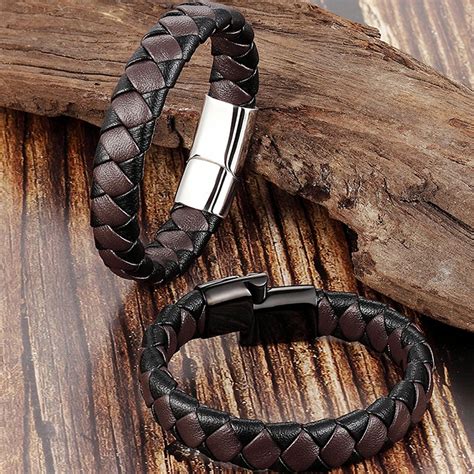 Pulsera De Cuero Genuino Para Hombre Brazalete Trenzado De Acero