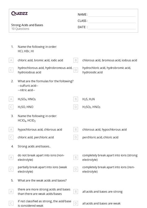 Acids And Bases Worksheets For Th Year On Quizizz Free