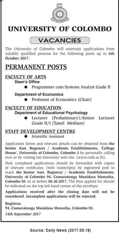 University Of Colombo Vacancies Gazette Lk