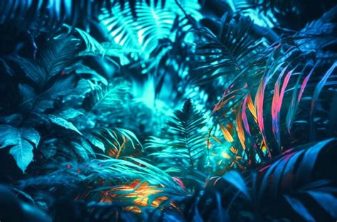 Premium Photo Neon Jungle Background With Bright Lights And Palm Leaves