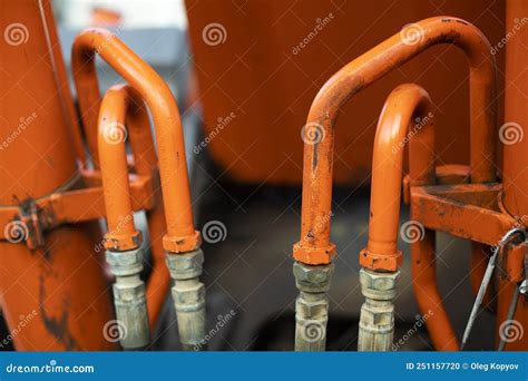 Steel Fuel Pipes Tractor Parts Heavy Machinery Up Close Stock Photo