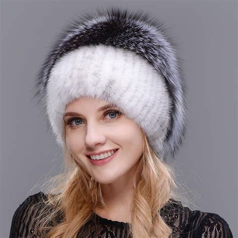 Women's Hat Natural Mink Elegant Warm Knit Real Fox Fur for Winter ...