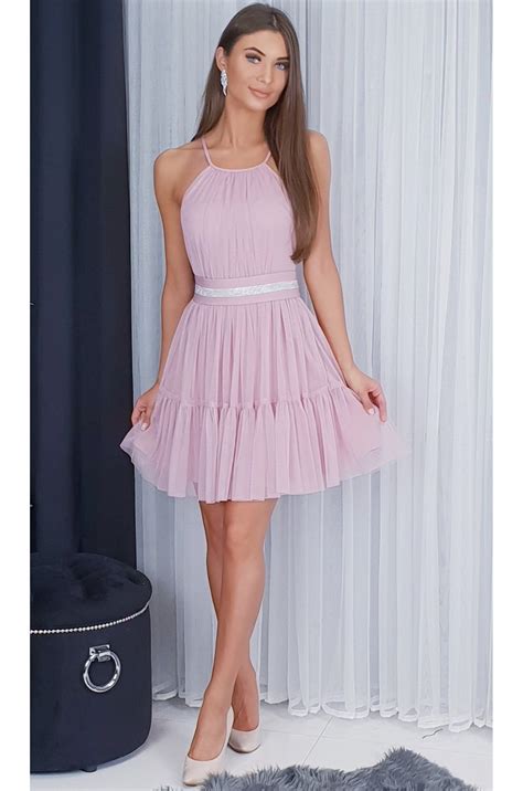 Rochie Eleganta Baby Doll Scurta Tul Roz Prafuit Cu Volane