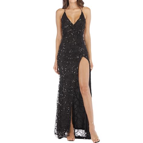 Swsmclt Women S Sexy High Slit Maxi Sequin Dress V Neck Backless