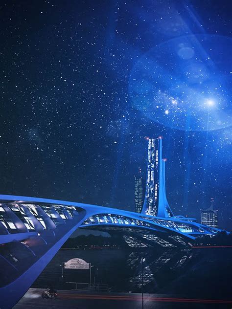 Inhabited Bridge Futuristic City At Night