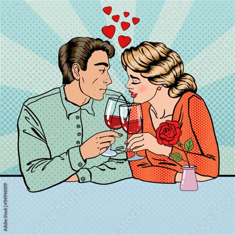 Romantic Couple With Glasses Of Wine In Restaurant Pop Art Vector