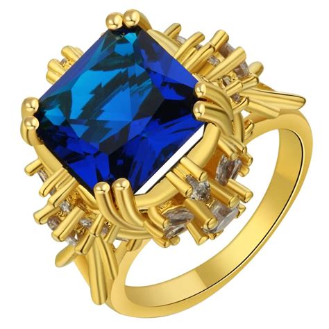 Luxury Royal Blue Cubic Zirconia Flower Ring Female Gold Color Women