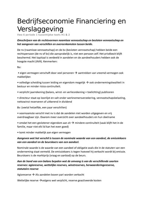 Beco F V H1 2 Bedrijfseconomie Financiering En Verslaggeving Delen