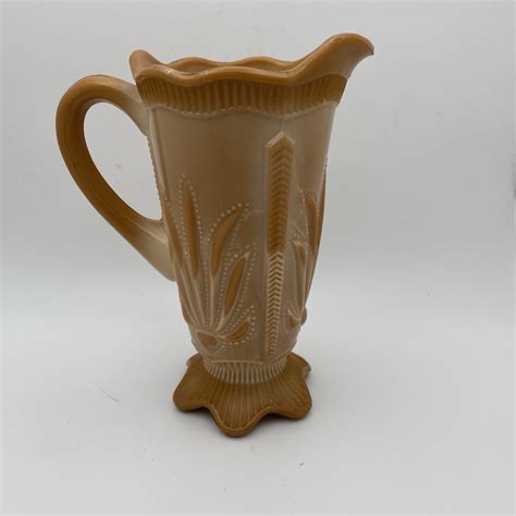 Vintage Caramel Brown Slag Glass Pitcher Fenton Cactus Pattern Reproduction