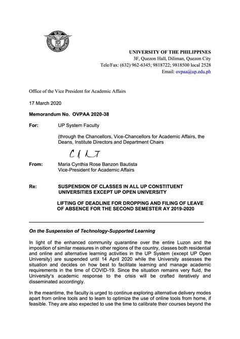 Memorandum No OVPAA 2020 38 39 On Suspension Of Classes In All UP