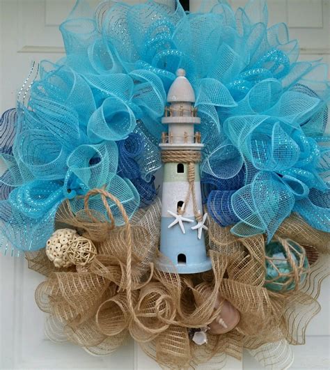 Designer Nautical Beach Coastal Mesh Wreath With Lighthouse Shells