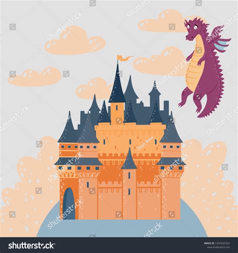 Fairytale Landscape Castle Flying Dragon Fantasy Stock Vector Royalty