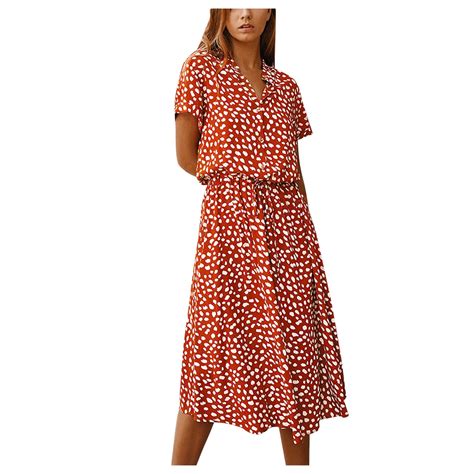 Hsmqhjwe Petite Midi Dress Button Short Sleeved Polka Dot Irregular