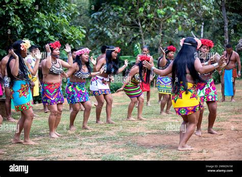 Women From Embera Tribe In Traditional Dresses Singing And Dancing In A