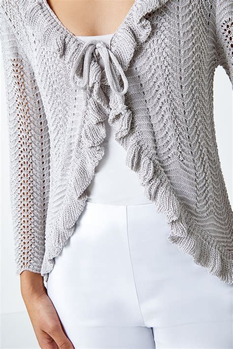 Silver Pointelle Knit Frill Trim Cardigan Roman Uk
