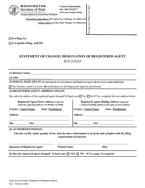 Washington Statement Of Change Designation Of Registered Agent Fill