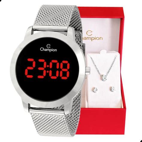 Rel Gio Champion Feminino Prata Digital Led Vermelho Ch T Colar E