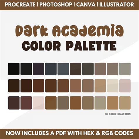 Dark Academia With Hex Codes Rgb Codes Procreate Swatches Photoshop